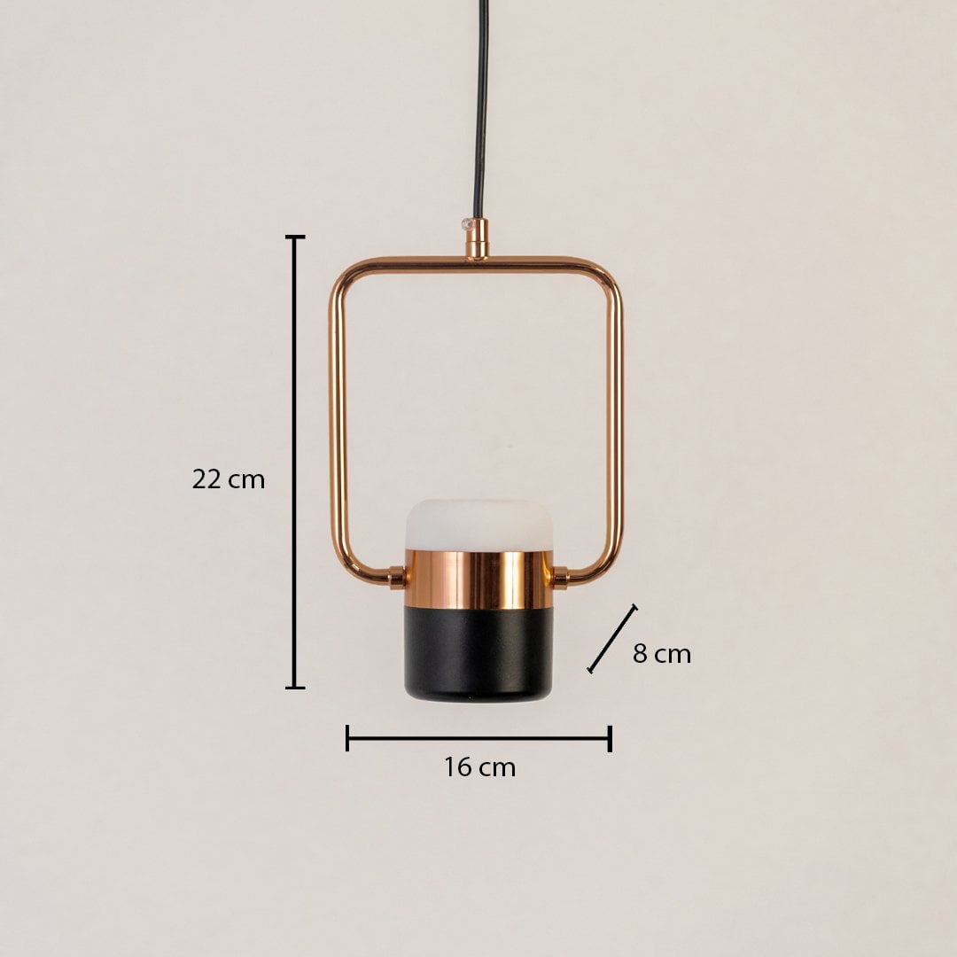 Rose gold pendant light measuring 22 cm height and 16 cm width shown on white background for modern home interior decor.