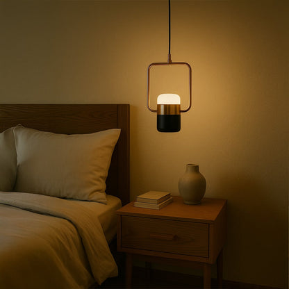 Rose gold frame pendant light with black and white diffuser adding modern elegance to living room dining and home interior decor.