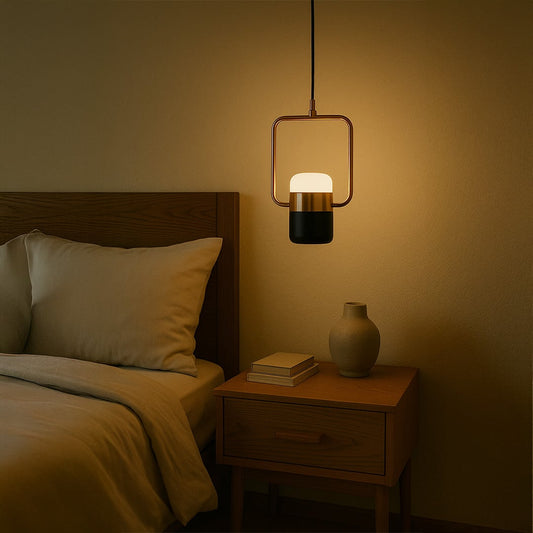Rose gold frame pendant light with black and white diffuser adding modern elegance to living room dining and home interior decor.