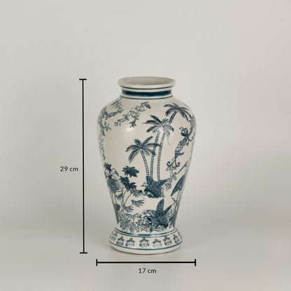lue and white ceramic jar with hand painted landscape motifs shown with dimensions of 29 cm height and 17 cm width creating a refined decorative accent for interiors.