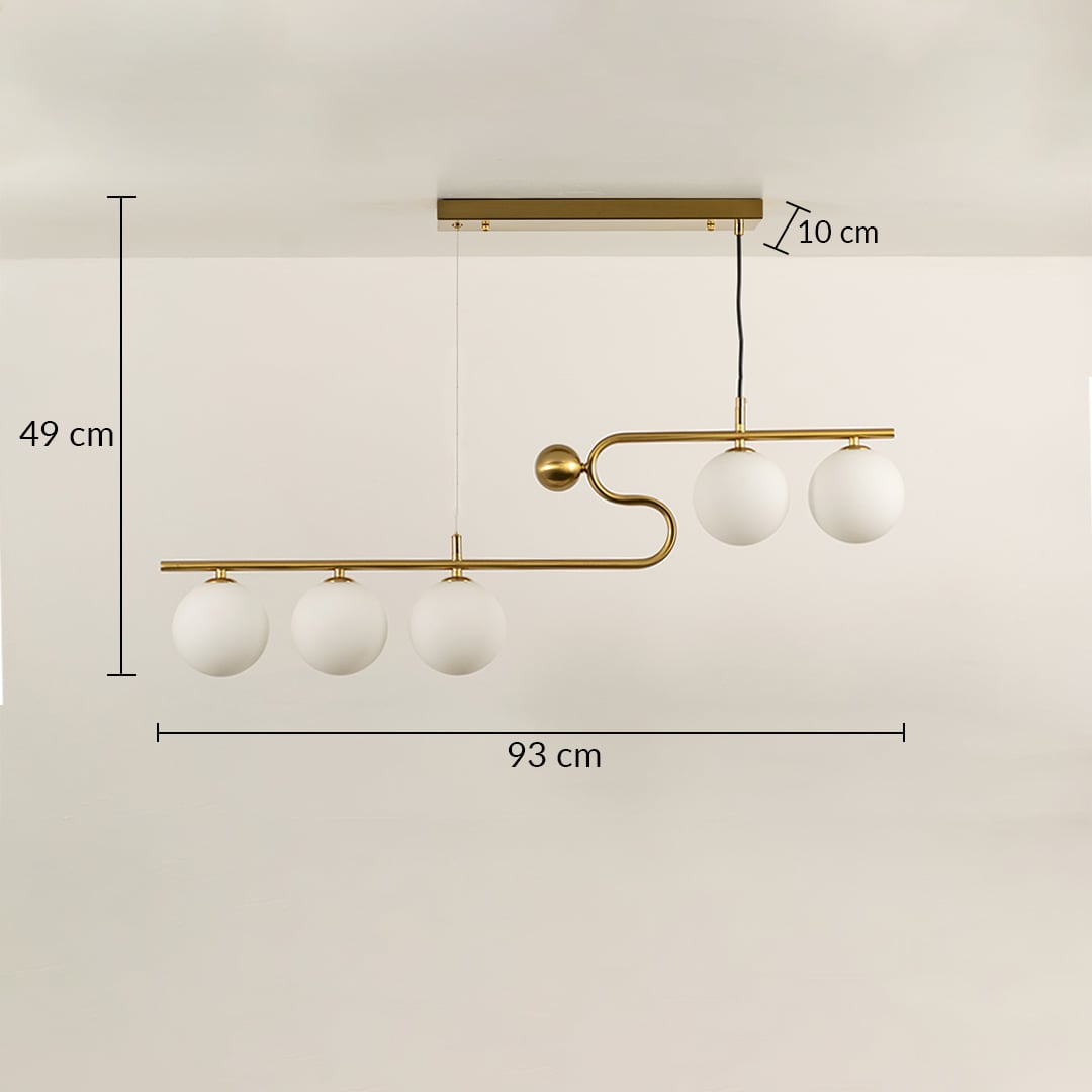 Gold chandelier light with white globe bulbs in a front view measuring 93 cm width and 49 cm height against a plain background with lights on perfect for modern lighting décor.