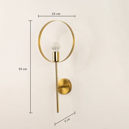 Gold metal wall light with circular ring design showing 50 cm height and 20 cm width suitable for decorative wall lighting.