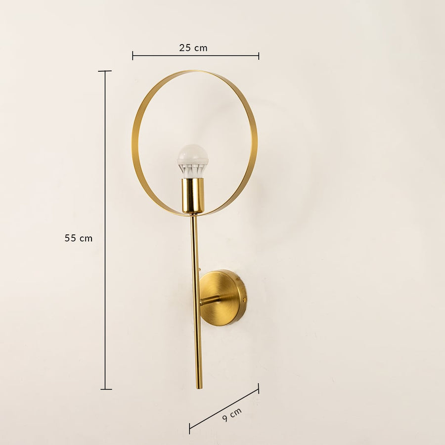 Gold metal wall light with circular ring design showing 50 cm height and 20 cm width suitable for decorative wall lighting.