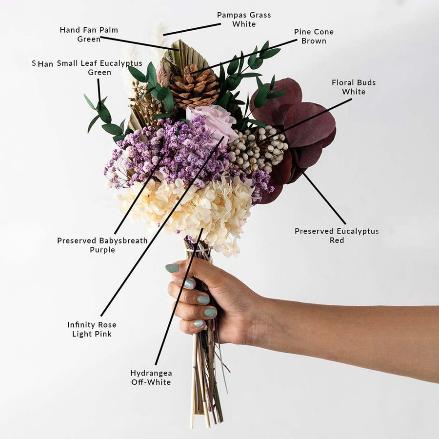 Handcrafted dried flower bouquet with mixed preserved blooms natural textures and earthy tones designed for vase decor and styling.