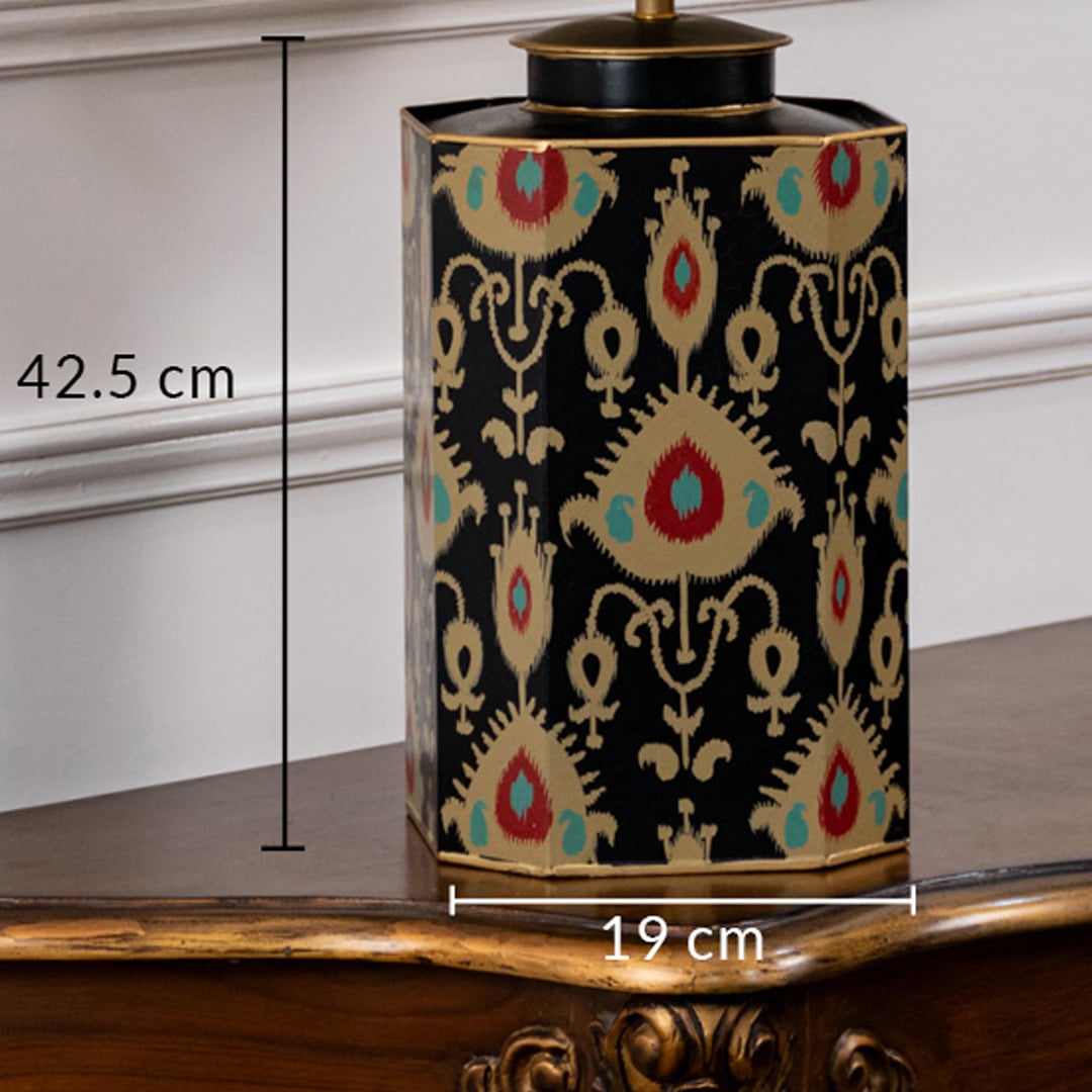 Table lamp with traditional multicolor patterned ceramic base presented with 42.5 cm height and 19 cm width dimensions.