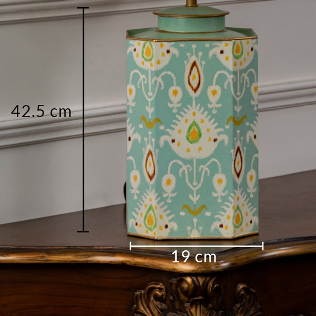 Table lamp dimension image showing turquoise ceramic base with gold motif detailing measuring approximately 42.5 cm height and 19 cm width.