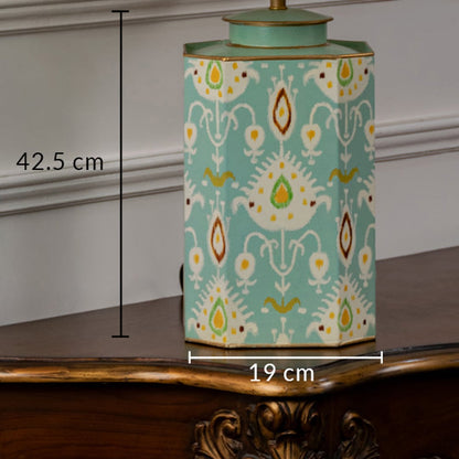 Table lamp dimension image showing turquoise ceramic base with gold motif detailing measuring approximately 42.5 cm height and 19 cm width.