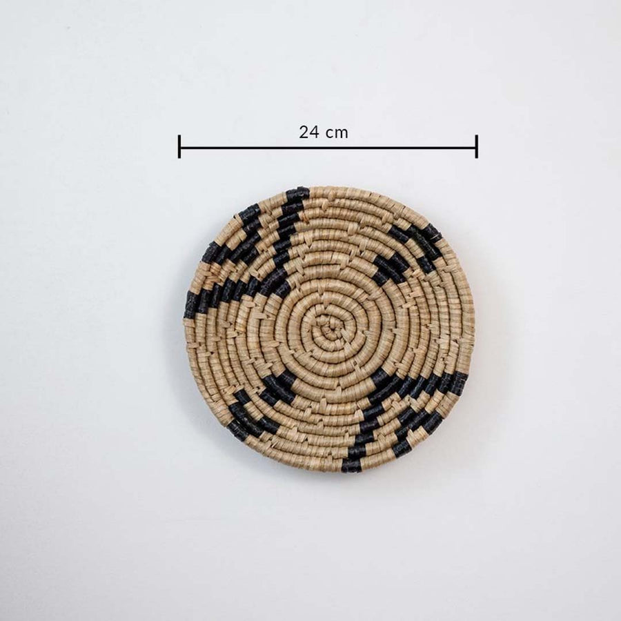 Eco friendly wicker wall hanging basket in beige and black pattern with 24 cm diameter for modern decor.