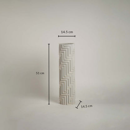 Tall white geometric ceramic vase with 51 cm height and 14.5 cm width displayed on a neutral background with intricate line detailing.