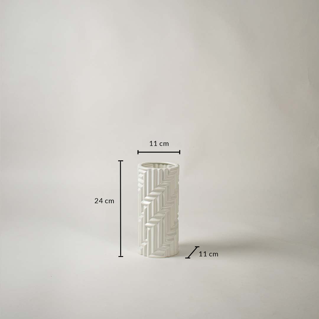 A tall white vase shown with size details displaying 24 cm height 11 cm width and 11 cm base diameter for accurate dimension reference.