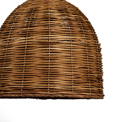 Closeup of handwoven rattan pendant light showcasing intricate weaving and smooth dome-shaped texture.