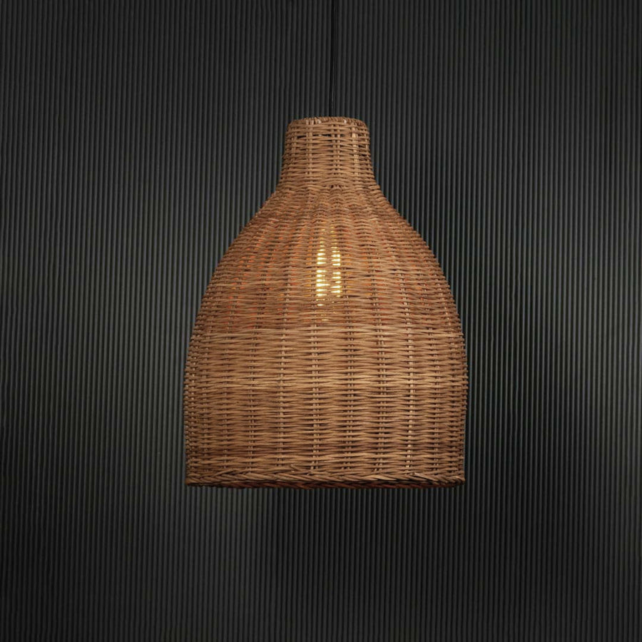 Bamboo Conical Pendant Lamp Beige Light On Black Background