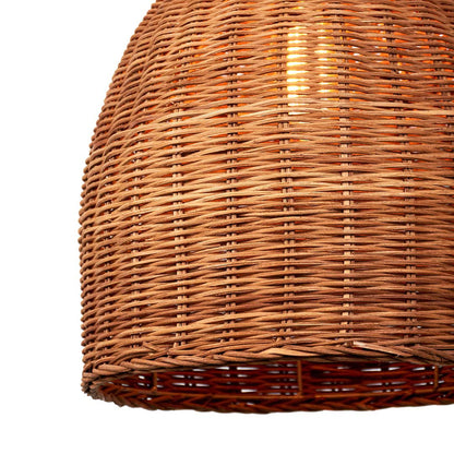 Closeup of brown rattan pendant light with handwoven bamboo shade in natural finish for boho interiors.