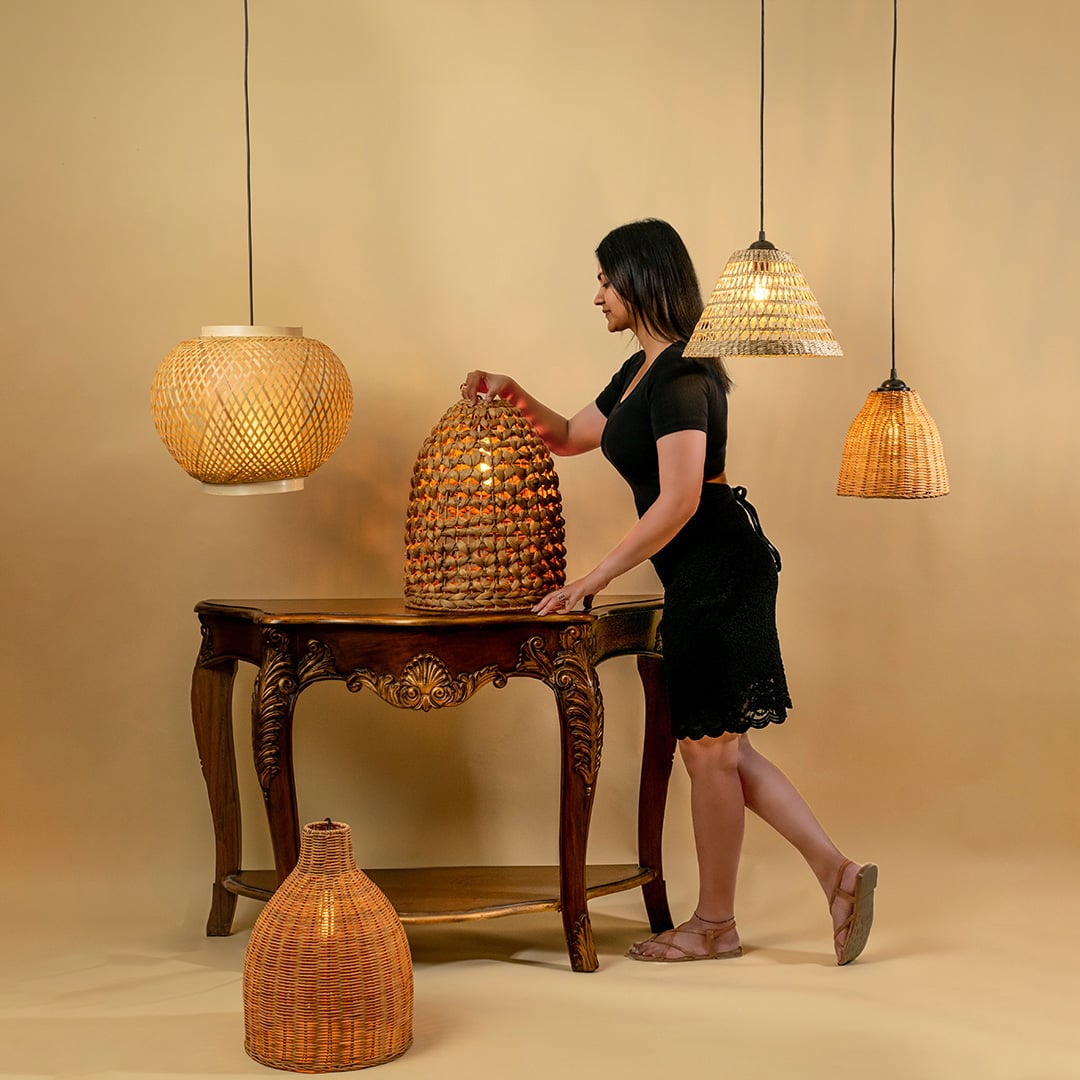 Woven bamboo pendant light adding natural warmth and modern elegance to any interior space.