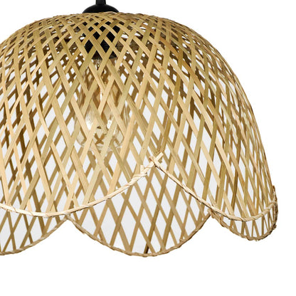 Closeup of scalloped beige rattan pendant light showcasing handcrafted weave and timeless design style.