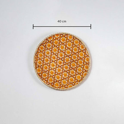Round woven bamboo basket 40cm diameter with orange floral pattern dimension image showing handcrafted bohemian wall decor.