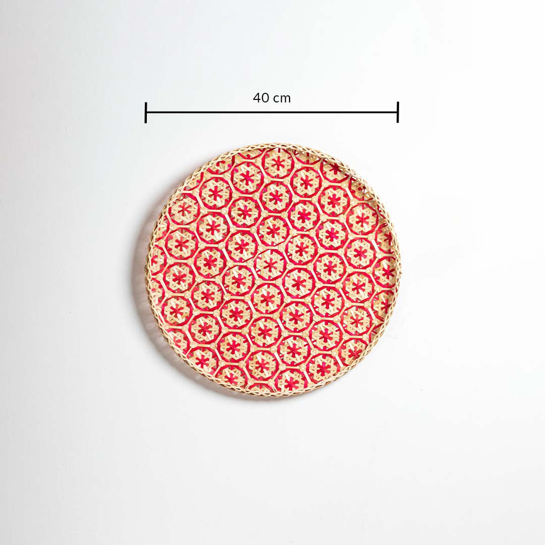 Round woven bamboo basket 40cm diameter with red floral pattern dimension image showing handcrafted boho wall decor piece.