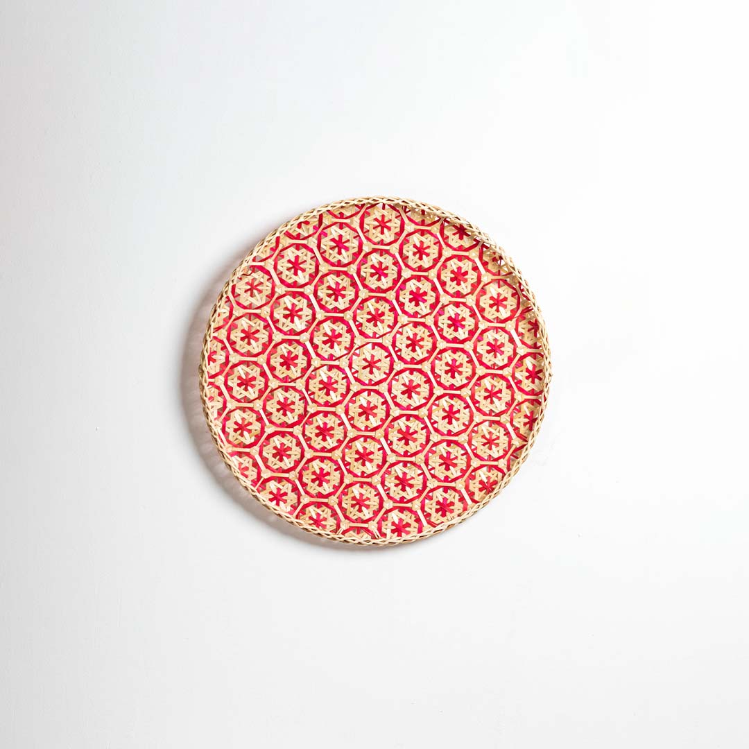 Bamboo Boho Tray & Wall Basket - Beige & Red