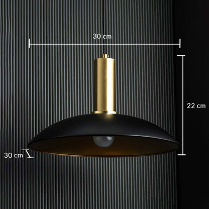 Black and gold pendant light with measurements shown clearly displaying its 30 cm width and 22 cm height against a dark textured background.