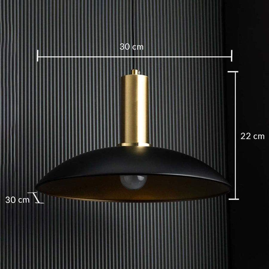 Black and gold pendant light with measurements shown clearly displaying its 30 cm width and 22 cm height against a dark textured background.