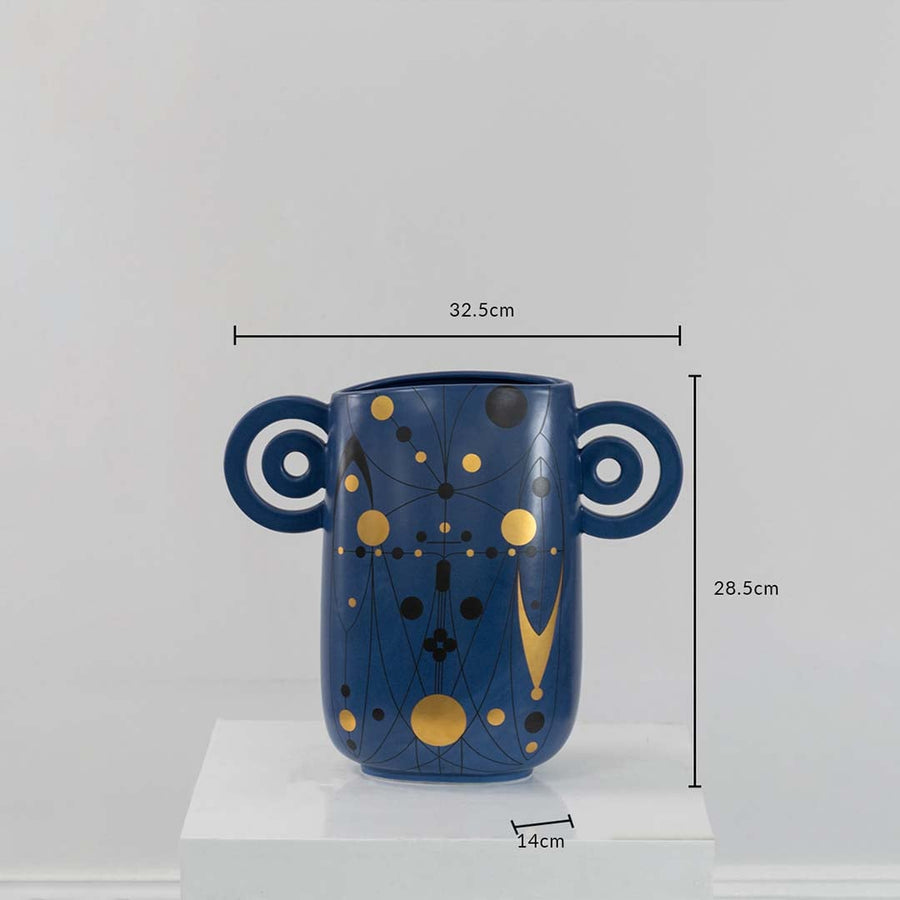 Navy blue ceramic vase with loop handles and 28.5 cm height and 32.5 cm width shown clearly for accurate decor size reference.