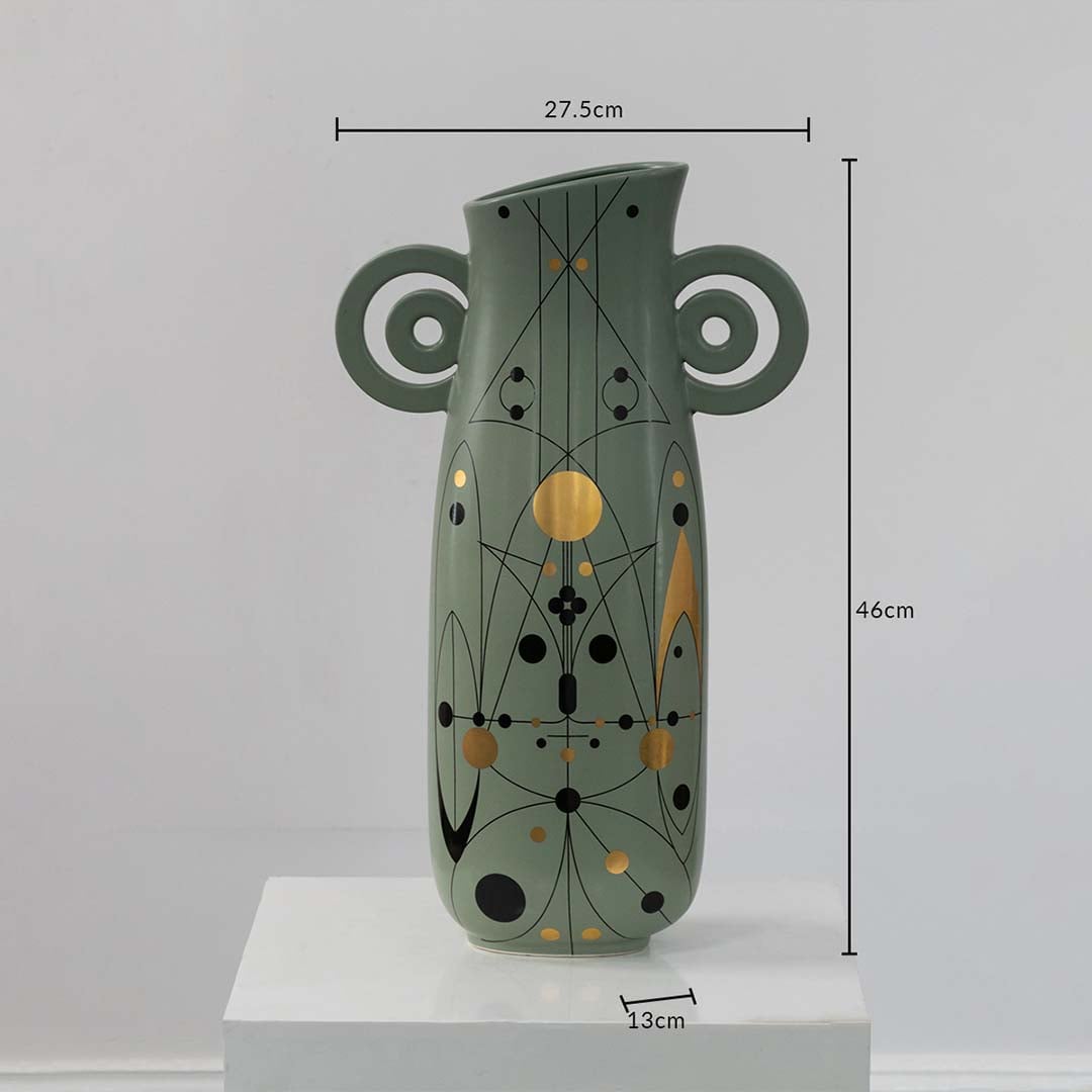 Green ceramic vase with loop handles and 46 cm height and 27.5 cm width shown clearly for accurate decor size reference.