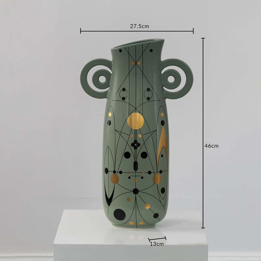 Green ceramic vase with loop handles and 46 cm height and 27.5 cm width shown clearly for accurate decor size reference.