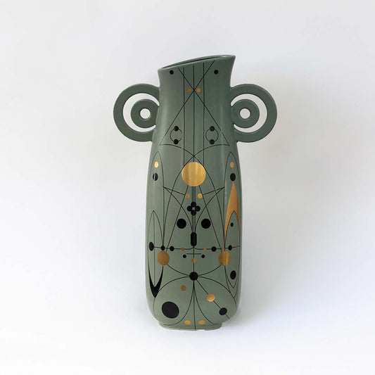 Artistic green ceramic vase featuring bold abstract patterns and loop handles shown on a plain white background for elegant styling.