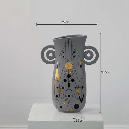 Grey ceramic vase with loop handles and 38.5 cm height and 29 cm width shown clearly for accurate home decor size reference.