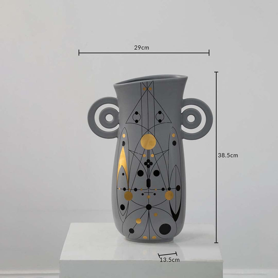 Grey ceramic vase with loop handles and 38.5 cm height and 29 cm width shown clearly for accurate home decor size reference.