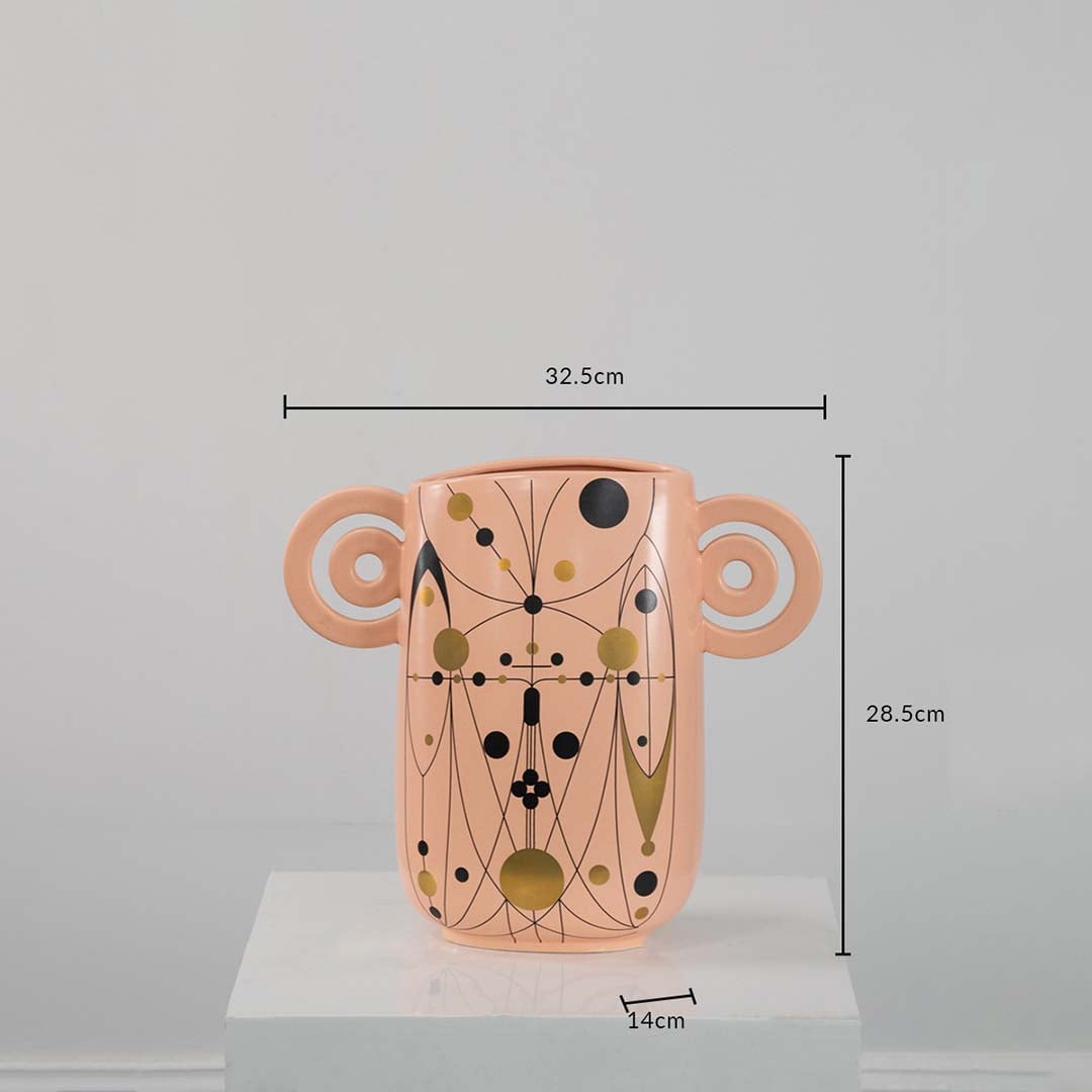 Peach ceramic vase with abstract design and 28.5 cm height and 32.5 cm width shown clearly for accurate decor size reference.
