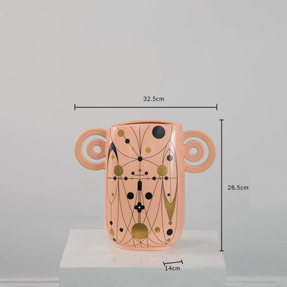 Peach ceramic vase with abstract design and 28.5 cm height and 32.5 cm width shown clearly for accurate decor size reference.