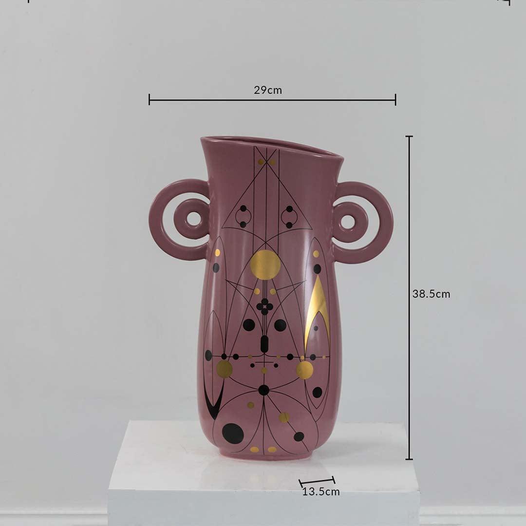 Mauve ceramic vase with loop handles and 38.5 cm height and 29 cm width shown clearly for accurate home decor size reference.