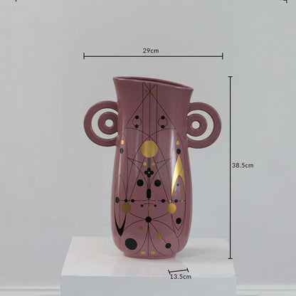 Mauve ceramic vase with loop handles and 38.5 cm height and 29 cm width shown clearly for accurate home decor size reference.