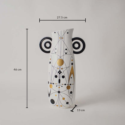 White geometric ceramic vase shown with 46 cm height 27.5 cm width and 13 cm base offering a clear accurate size reference.