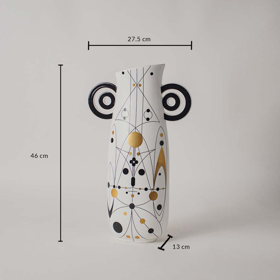 White geometric ceramic vase shown with 46 cm height 27.5 cm width and 13 cm base offering a clear accurate size reference.
