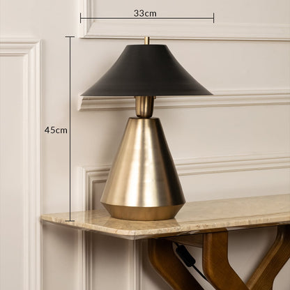 Designer metal table lamp measuring 45 cm in height and 33 cm in width with a sleek black shade and gold base for elegant interior decor.