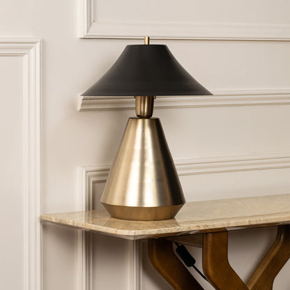 Elegant black and gold metal table lamp for luxury bedroom living room and modern interior decor styling.