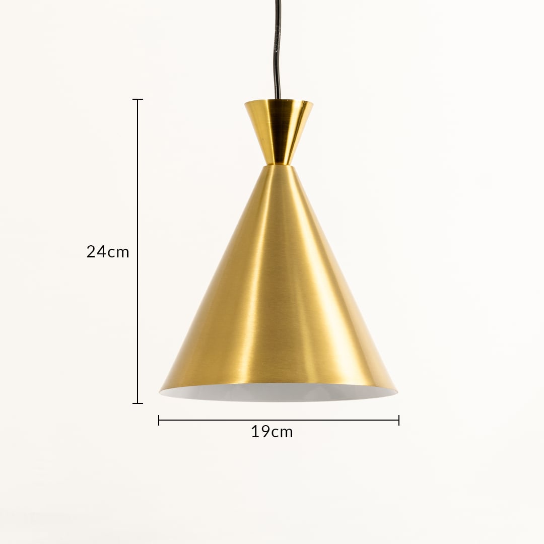 A metal cone pendant light measuring 24 cm height and 19 cm width shown glowing softly against a plain white background offering focused warm illumination and refined décor.