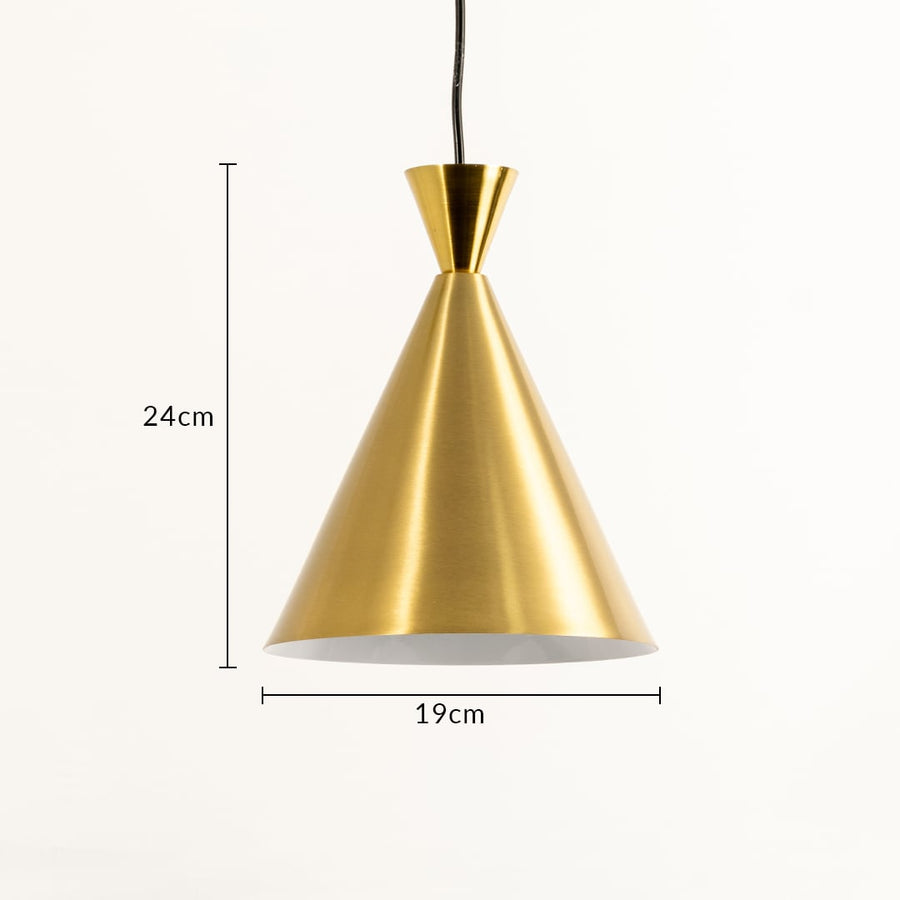 A metal cone pendant light measuring 24 cm height and 19 cm width shown glowing softly against a plain white background offering focused warm illumination and refined décor.