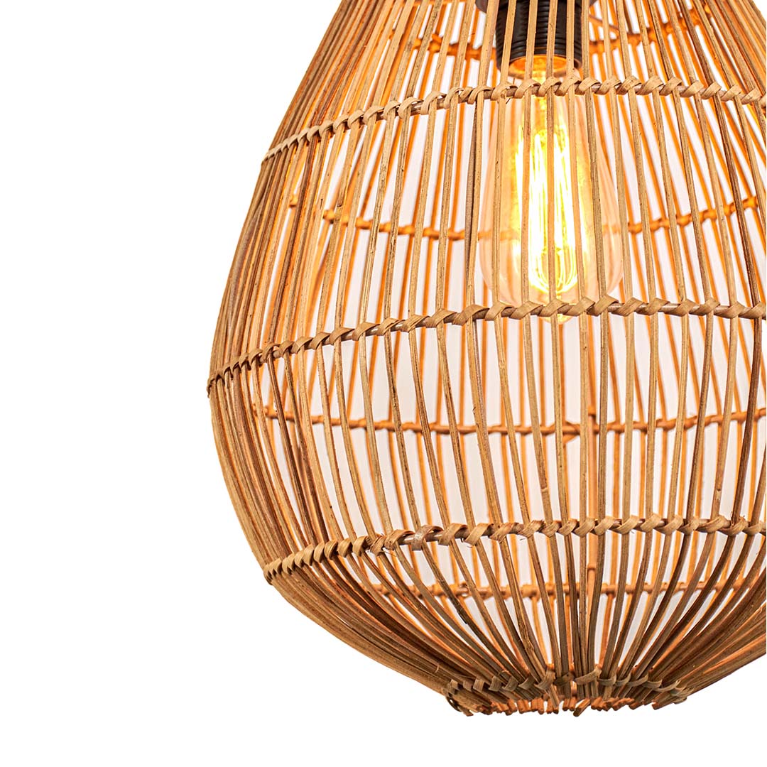 Closeup of teardrop rattan pendant light showcasing detailed handwoven texture and natural finish.