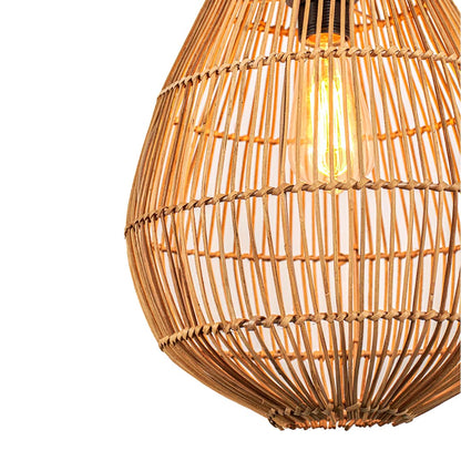Closeup of teardrop rattan pendant light showcasing detailed handwoven texture and natural finish.