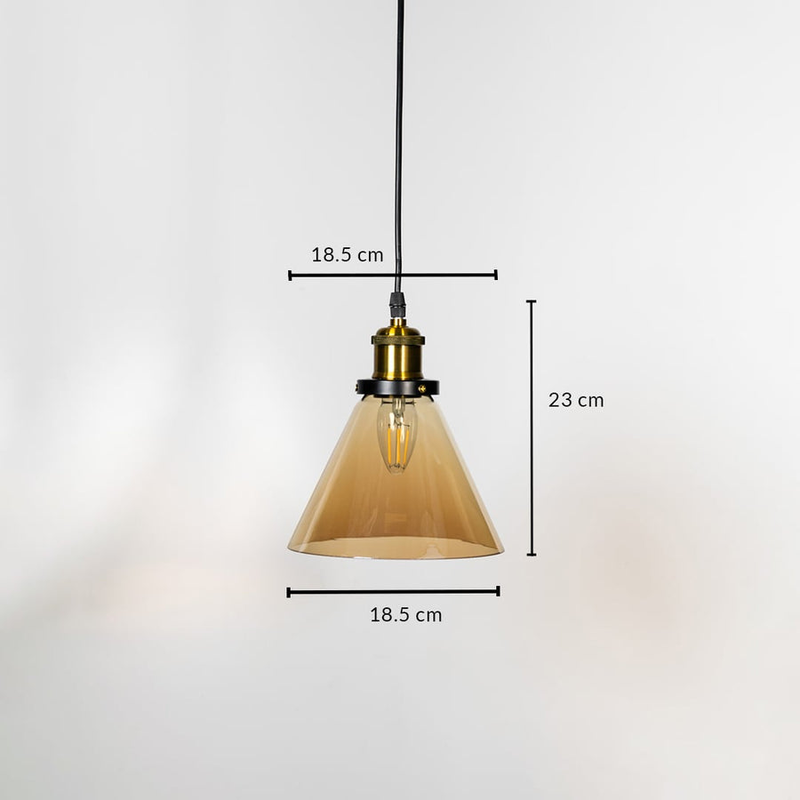Amber glass pendant light with gold metal holder hanging from ceiling showing 18.5 cm width and 23 cm height dimensions shown.