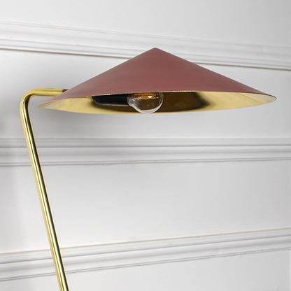 Closeup of gold metal table lamp with terracotta brown conical shade showing sleek angled stand and modern design.