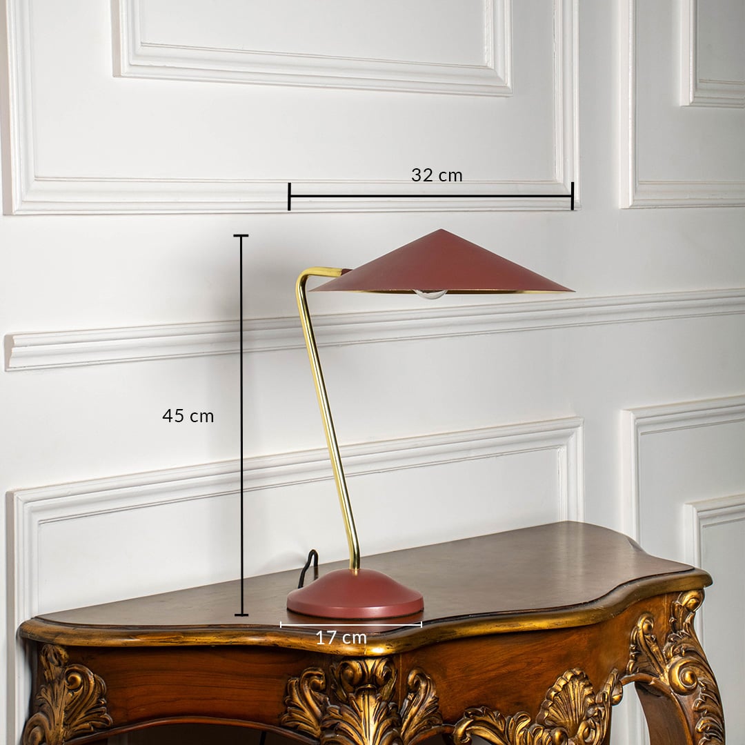 Gold metal table lamp with terracotta brown shade measuring 45 cm height and 32 cm width ideal for living room or study decor.