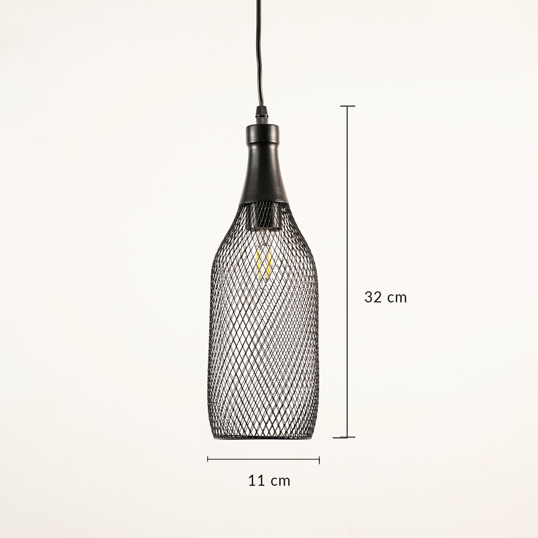 Designer black mesh pendant hanging light showing 32 cm height and 11 cm width ideal for kitchen island bar and dining space interiors.