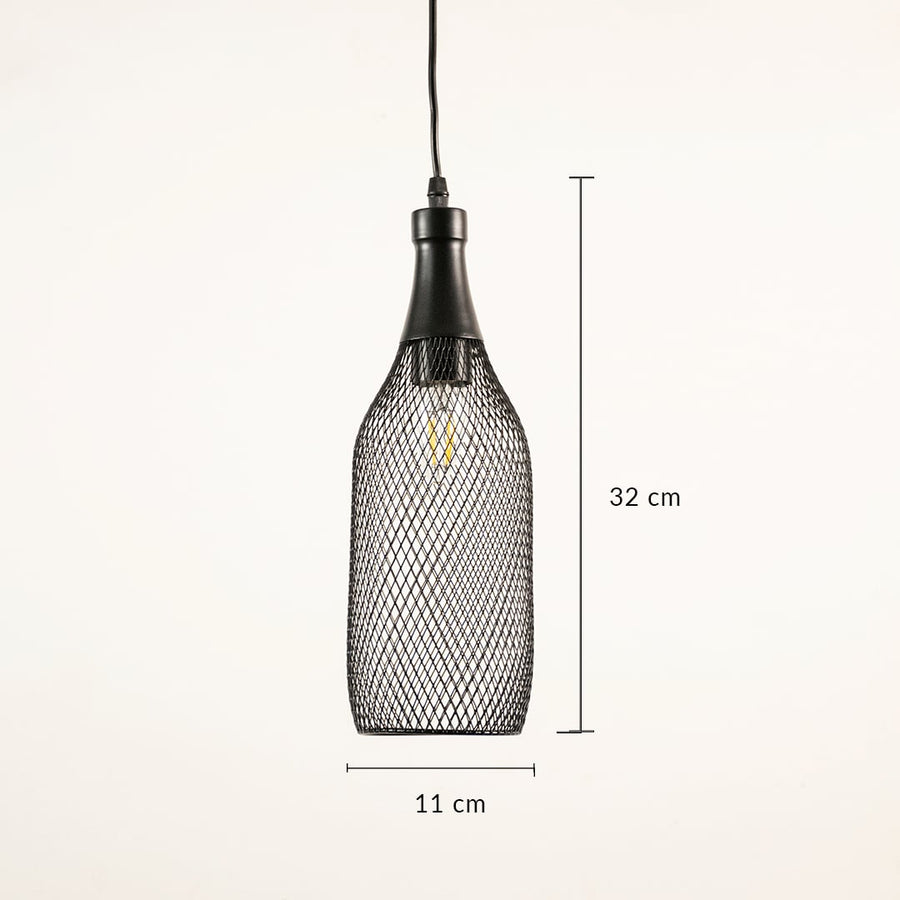 Designer black mesh pendant hanging light showing 32 cm height and 11 cm width ideal for kitchen island bar and dining space interiors.