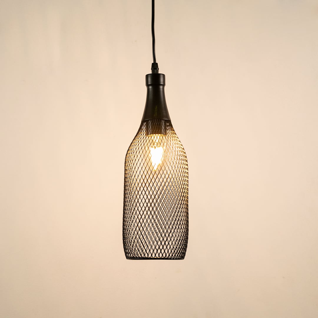 Black metal mesh hanging pendant light glowing on white background showcasing sleek craftsmanship and stylish modern home lighting.