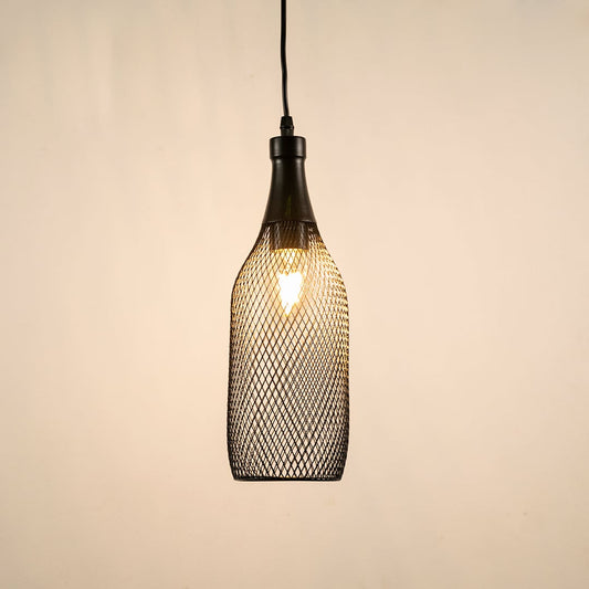 Black metal mesh hanging pendant light glowing on white background showcasing sleek craftsmanship and stylish modern home lighting.