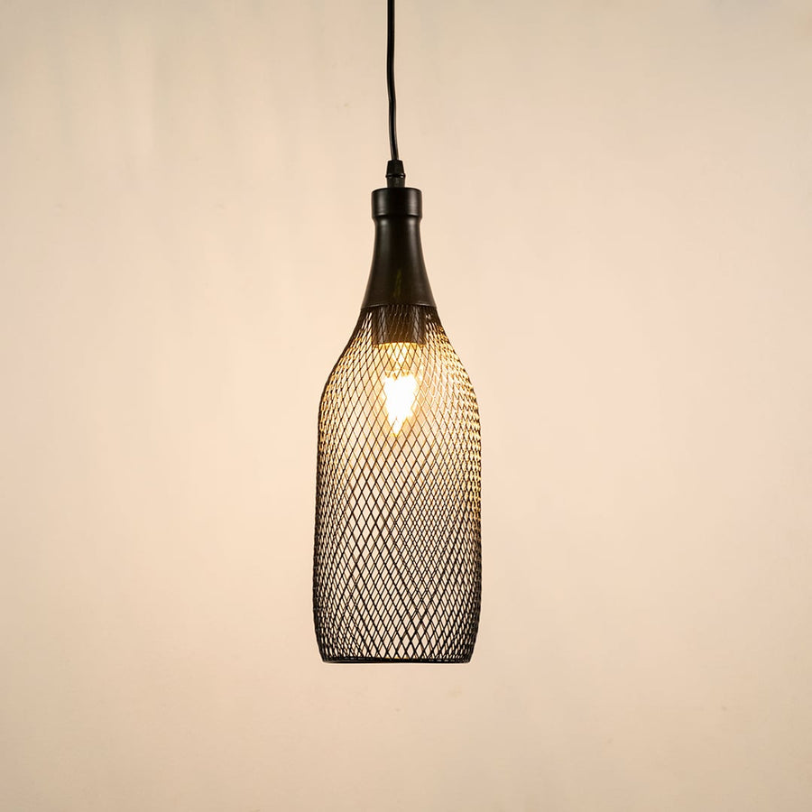 Black metal mesh hanging pendant light glowing on white background showcasing sleek craftsmanship and stylish modern home lighting.